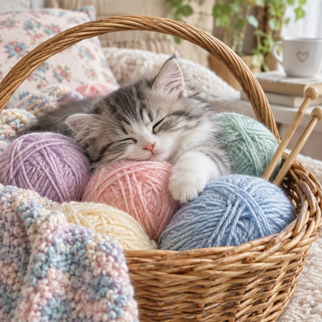 Kitten asleep in a basket of pastel yarn